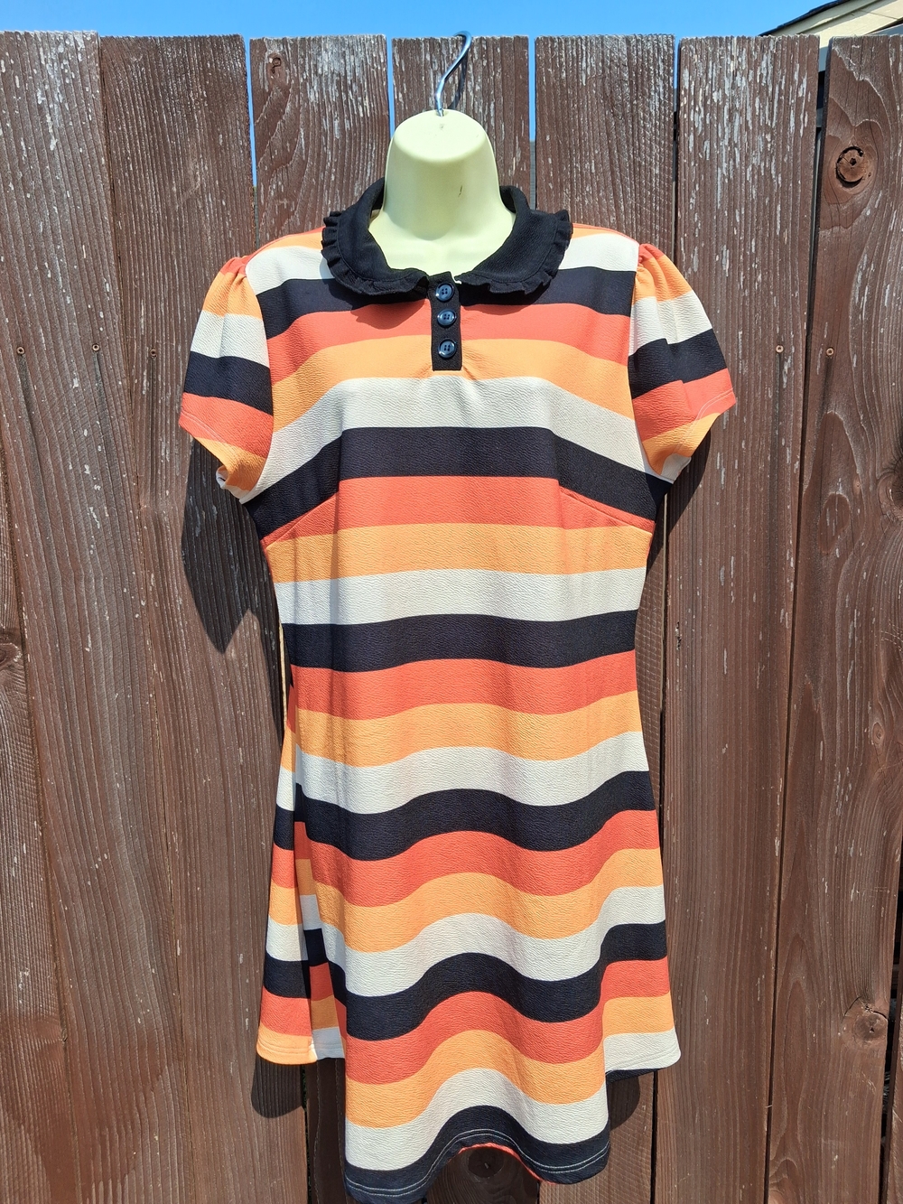 Women's Striped Dress with Ruffle Collar - Orange, Black & Cream